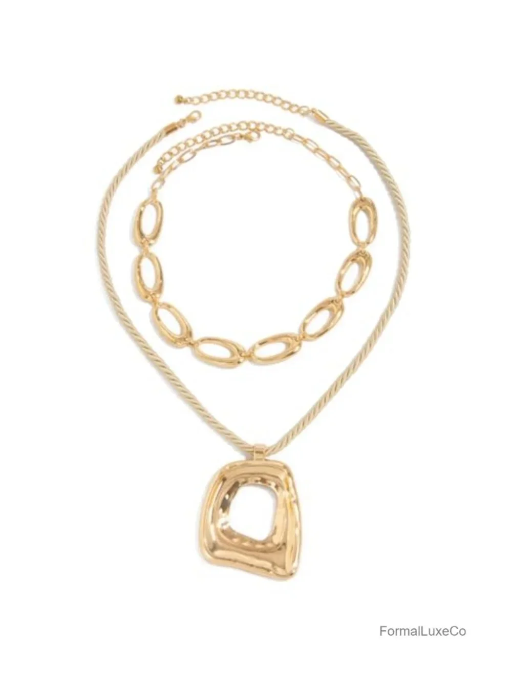 Geometric Hollow Square Pendant Rope Chain Necklace Gold-Tone Alloy Statement